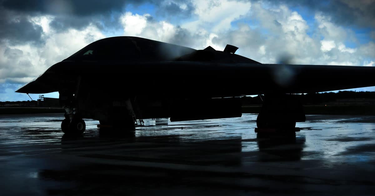 A B-2_awaits clearance to taxi onto the flightline, at Andersen Air Force Base