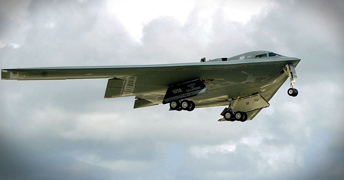 B-2-A B-2 Spirit stealth bomber takes off over Andersen Air Force Base