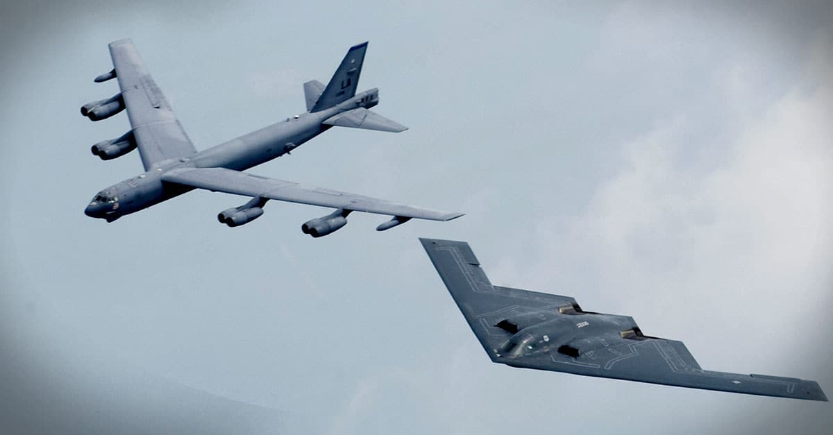 B-2-A B-2 and B-52 fly in formation