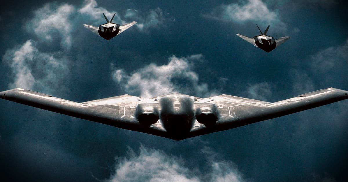 B-2_A B-2 Spirit bomber is followed by two F-117 Nighthawks during a mission