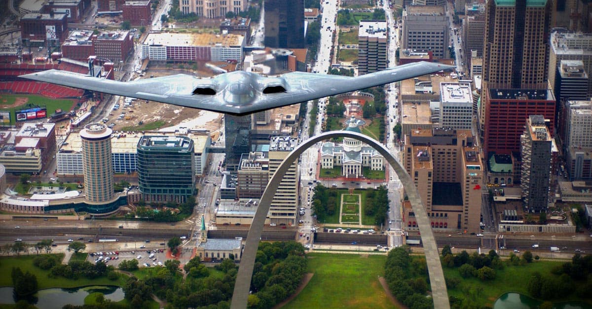 B-2_A B-2 Stealth bomber flies over the St. Louis Arch