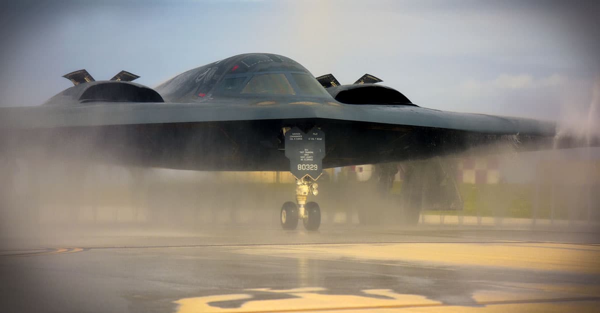 B-2_A U.S. Air Force B-2 Spirit deployed from Whiteman Air Force Base