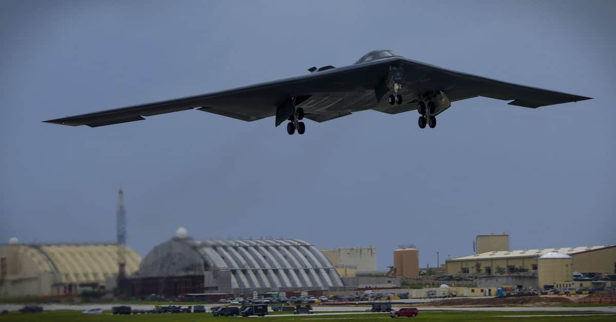 B-2_A U.S. Air Force B-2 Spirit takes off at Andersen Air Force Base, Guam, for an integrated bomber operation
