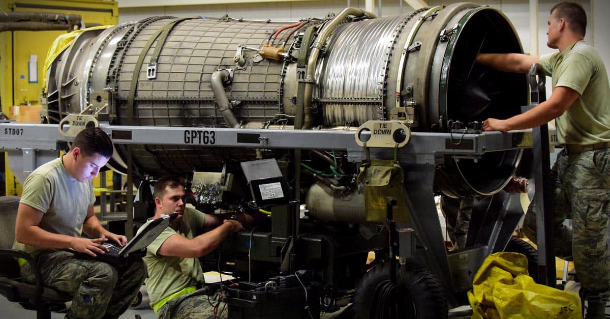 B-2_Aircraft propulsion system specialist with the 509th Aircraft Maintenance Squadron inspect the interior of a B-2 Spirit engine