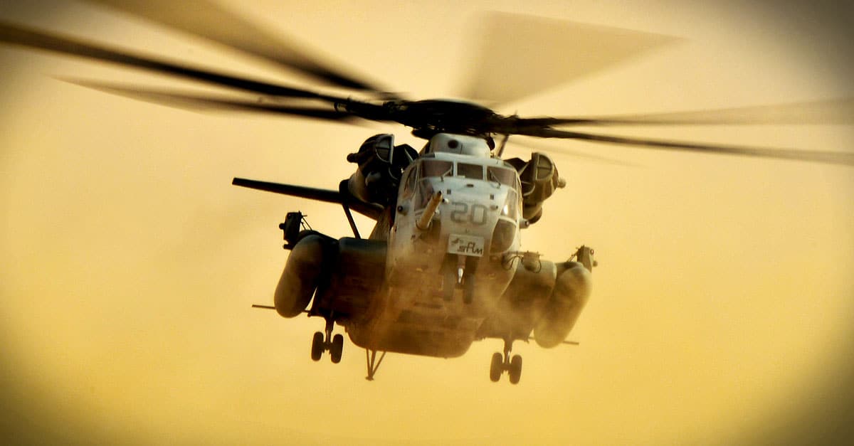 CH-53E_A U.S. Marine Corps CH-53 Super Stallion helicopter lands at Camp Al-Galail, Qatar
